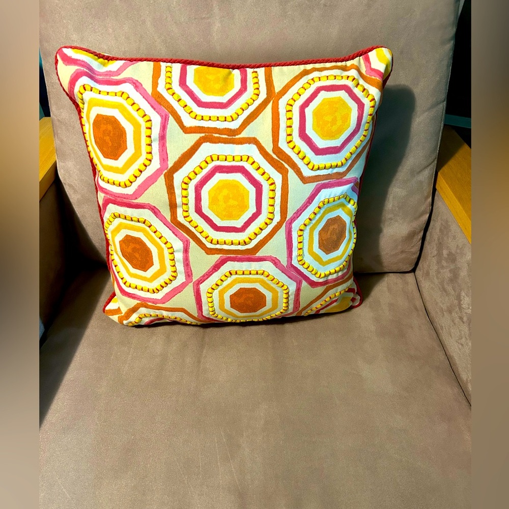 Pillow Allen Roth geometric pink/ yellow/orange zipper soft embroidered trim